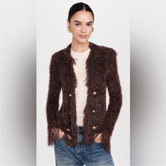 L'AGENCE Chocolate Brown Fuzzy Jacket with Gold Logo Tag - Picture 3 of 6